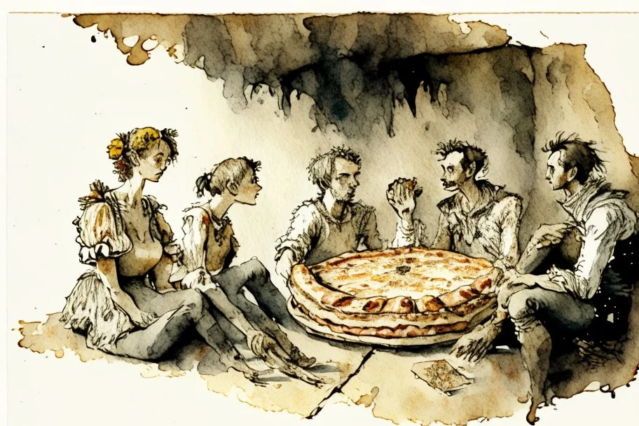 Italian men and women sitting around a pineapple pizza, watching in horror beautiful intricate, soft delicate watercolor, dramatic, perfect composition, by Arthur Rackham Modifiers: highly detailed intricate very attractive beautiful fantastic view watercolor Arthur Rackham Jean-Baptiste Monge Egon Schiele muted tones professional Enki Bilal patchwork watercolor and ink Xuan Loc Xuan