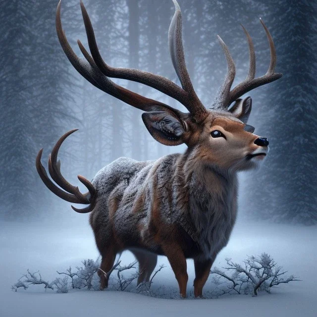 the most stunning, beautiful stag with intricate horns in a winter landscape, high-quality, ultrafine-detail, flickering light, fog, 8k resolution, 3d octane render, digital art, detailed matte, close up, George Grie, Anne Dittman, Anne Stokes, Lisa Parker, Selina French