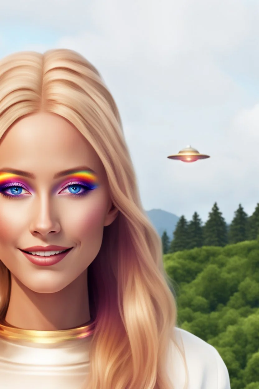 ufos rainbows,beautifuls paysages, fantastic colours,cosmic woman ,beautiful ufos rainbow, admiral from the future, galactic confédération, fine whole face, crystalline skin, expressive purple eyes,rainbow, smiling lips, very nice smile, costume pleiadian, Beautiful tall woman pleiadian Galactic commander, ship, perfect datailed golden galactic suit, high rank, long blond hair, hand whit five perfect detailed finger, amazing big puple eyes, mouth, high définition lips, cosmic happiness, bright c