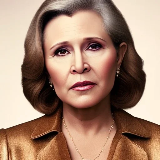 realistic analog style photography by Annie Leibovitz, photorealistic close up face of carrie fisher, soft ethereal skin, symmetrical short hairstyle,studio lighting, sharp brown eyes, dark plain background