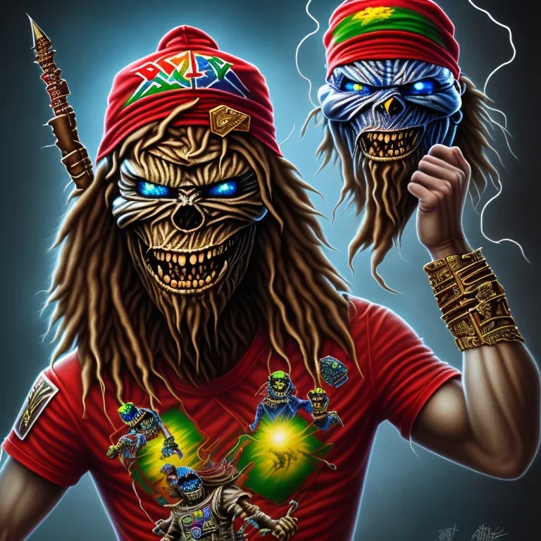 Portait Eddie mascotte iron maiden, bonnet rasta, yeux rouges, plage palmiers