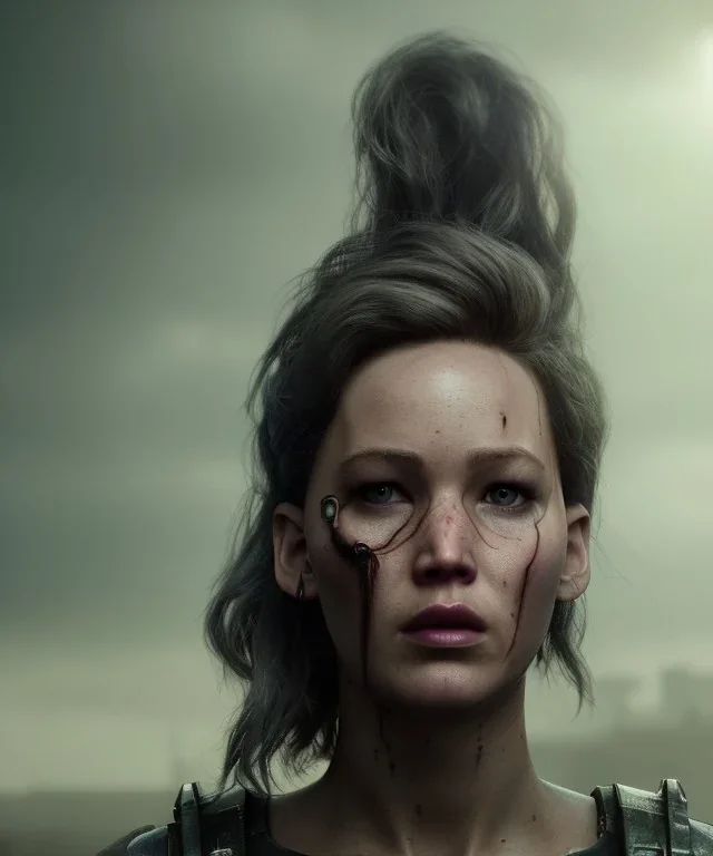 A portrait post-apocalypse cyborg Jennifer Lawrence in a cyberpunk city, sci-fi fantasy style, 8k, volumetric lighting, particales,highly detailed,cinematic, deep scars on face,deep colours.