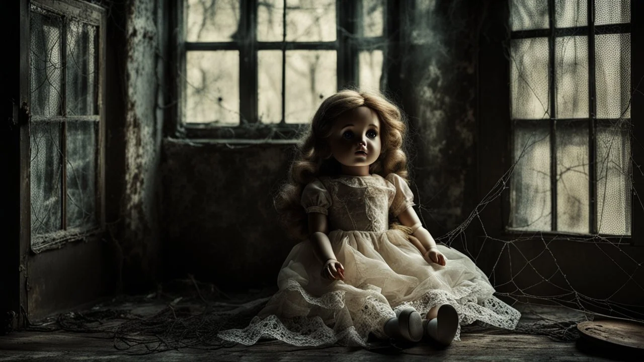 an old, dirty, worn (porcelain doll sitting in a beautiful lace dress) in a broken, dirty window, spiderweb, abandoned old room, dark surreal atmosphere, dull lights, dark colors sinister , surrealism, matte background