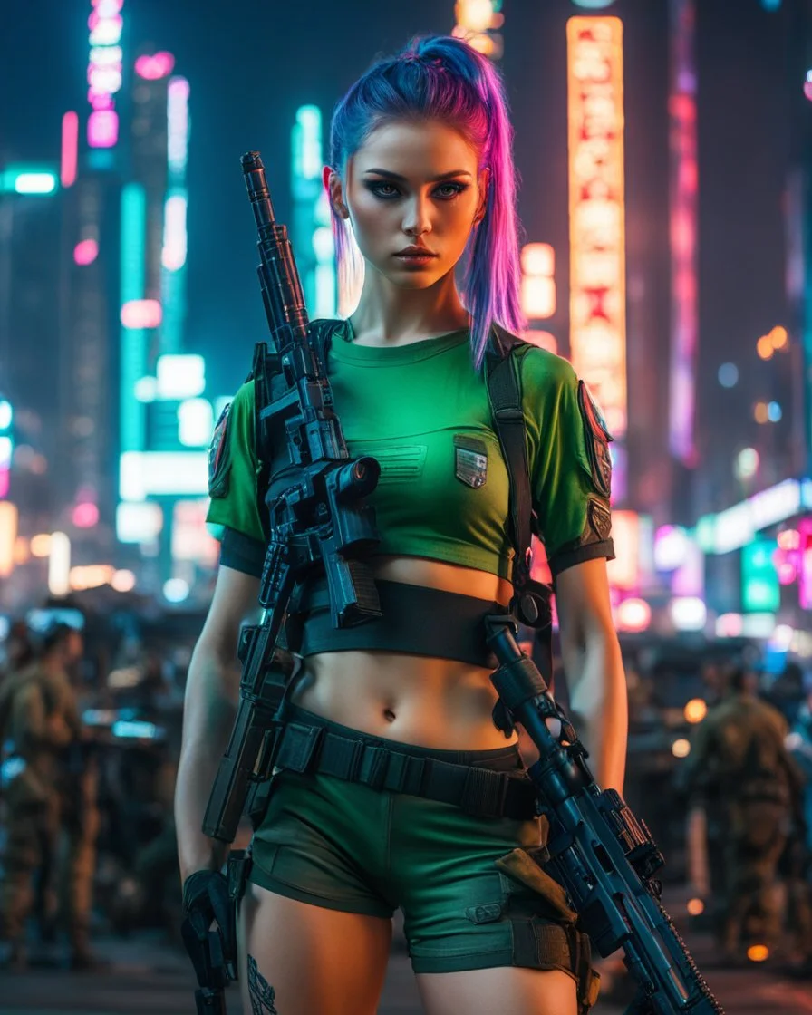 Sci-fi slim Ukrainian girl with big breasts in military t-shirt and shorts with slim trousers holding a sniper rifle with neon lights of Japan's cyberpunk night city in the background