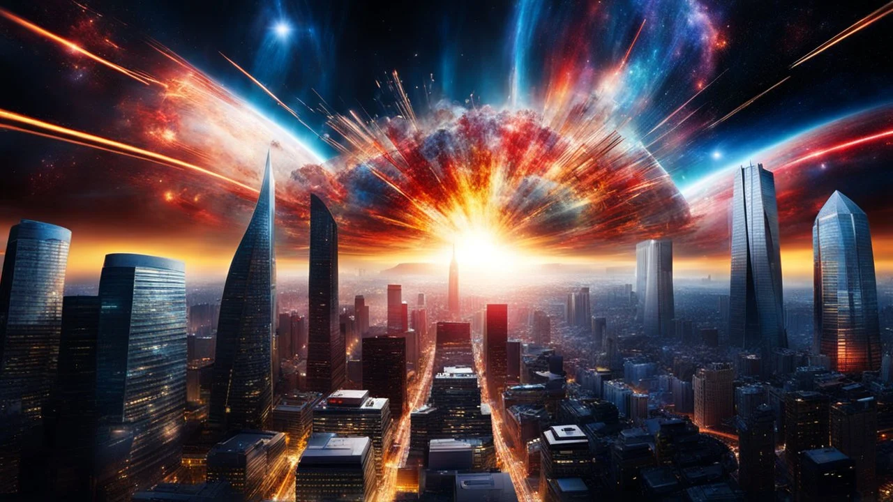 the futuristic hightech city big explosion with red, blue and some yellow hues representing the Big Bang, explosion centered, radiating energy, celestial particles emanating from the core, deep space ambiance, high contrast ultra clear, ultra realistic, perfect shot, professional photo