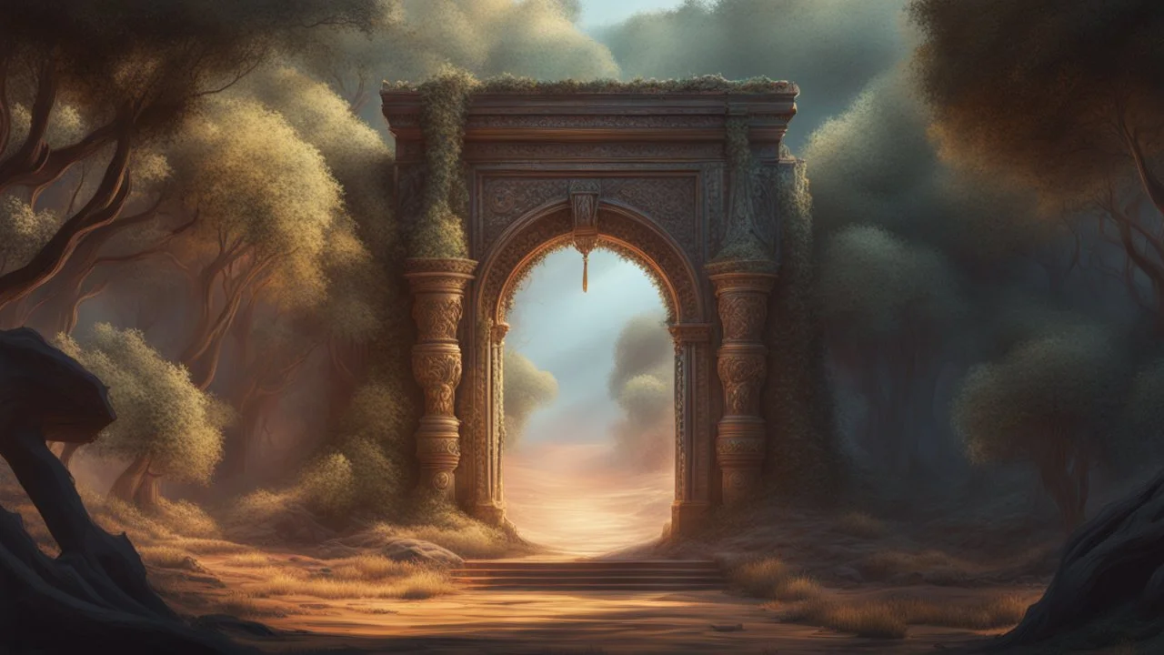 in a dead desert stands an ancient magical gate to another world. Inside the darkness in the portal is a beautiful forest, cinematic lighting, hyper realisme, Hyperrealistic, splash art, concept art, mid shot, intricately detailed, color depth, dramatic, 2/3 face angle, side light, colorful background