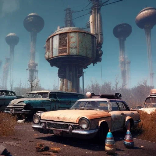 children of the atom,rags, upper body of happy cute model sitting on roof of a caravan, wreckfest, spectacular graphics, unreal, road, bridge, fallout 4, seen from top of tower