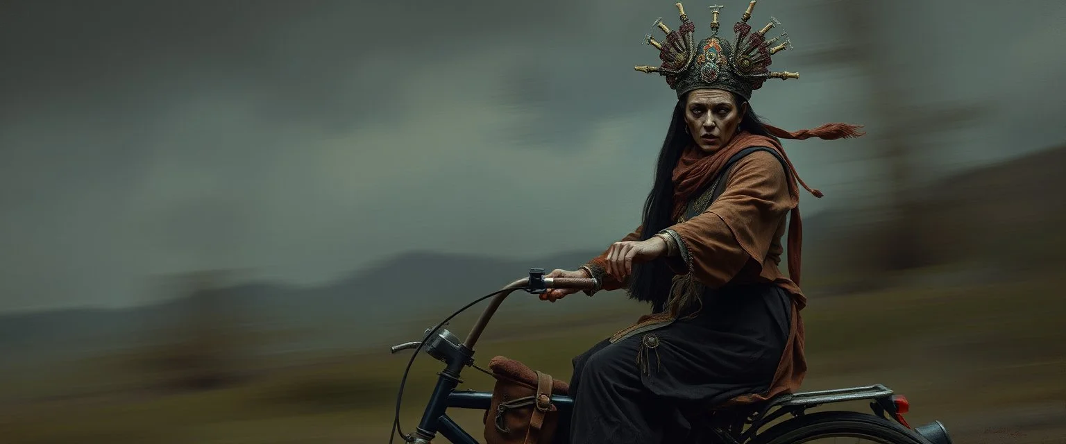 master oil painting by Rembrandt, scary ai sami woman loab on trike, motion blur background