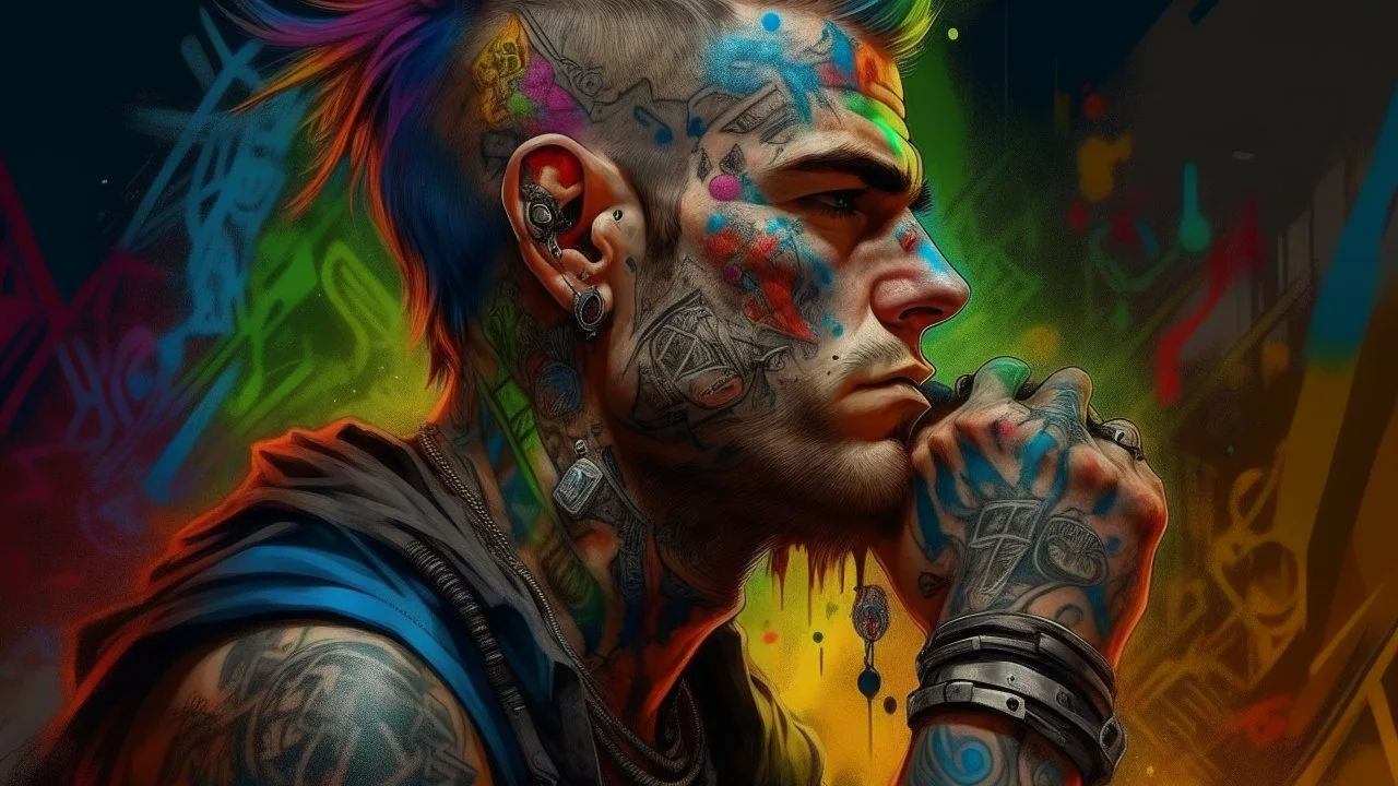 multicolored background, drawing, punk hooligan man, tattoo, high resolution, Artstation trends, fine details, 8K