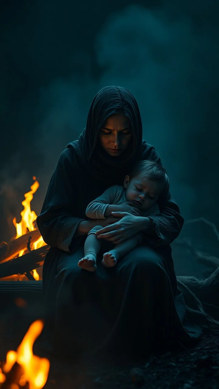,surrealism of the dark of a nightmare , hyper photorealistic, hyper detailed bright art color, high resolution, fog, octane render, tilt shift, HDRI Environment, all pictures dark gray, sad mother holding her sick child in her lap by the fire