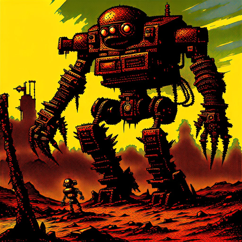 90's TCG art retro fantasy art of scrap robot monster post apocalyptic