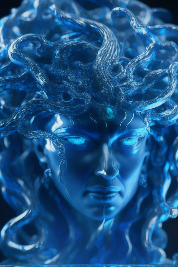 transparent gemstone Medusa, in blue fire chrome casino, high detail, 8k, cinematic, depth of field, art