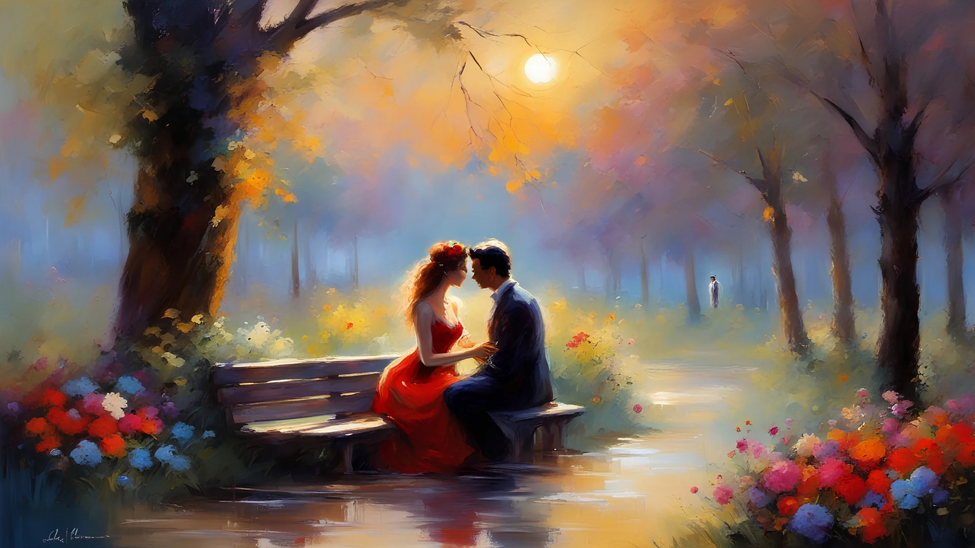 lovers in a Park, Pino Daeni Style, sunset, colorful, very detailed, flowers, trees