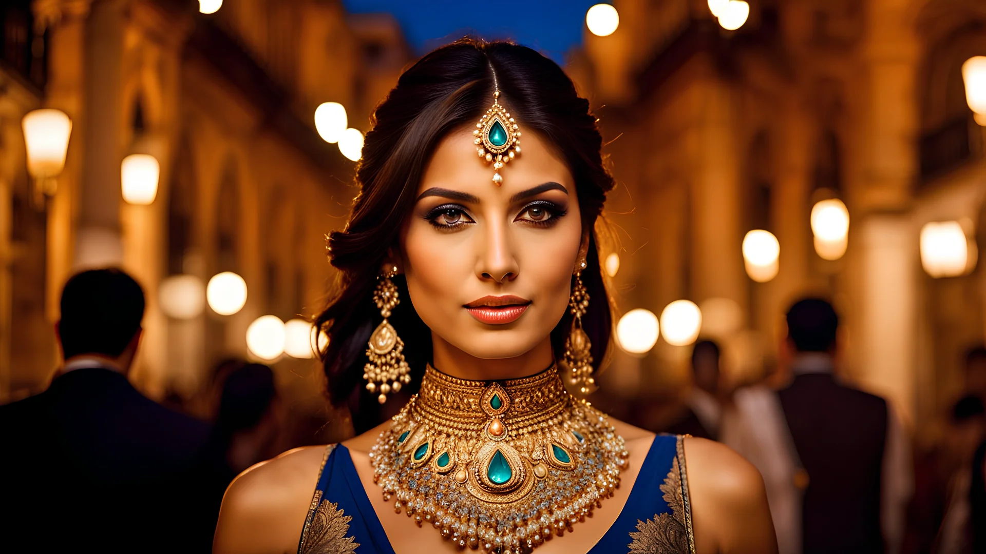 Beautiful model female fashion vogue style, portraits with Indian dresses, Diwali ambience, Indian Jewelry presentation model, wearing Indian design jewelry in her neck, ear, hands in full focus, background Rome via Nazionale, via Condotti, Piazza di Spagna, sharp focus, post – processing, perfect composition, global illumination, Canon EF 16 – 35mm f/ 2. 8L III USM Lens on a Canon EOS 5D Mark IV camera, Cinematic lighting, no blur, sharp focus, photorealistic, Ultimate Luxury, romantic mood, ex