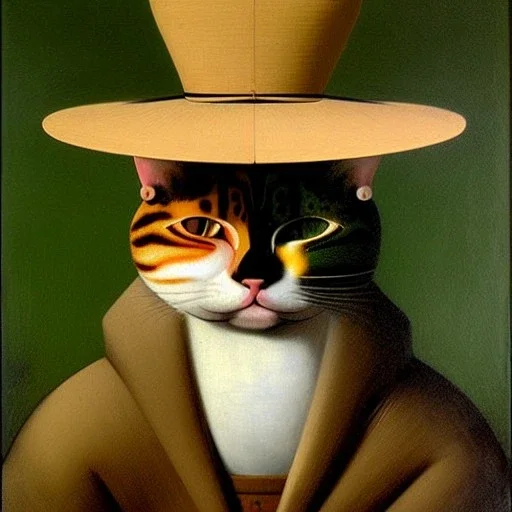 oil painting of a beautiful symmetrical cat with a summer hat, XIX century, classic japanese, by El Bosco, Leonardo da Vinci, Goya 8k