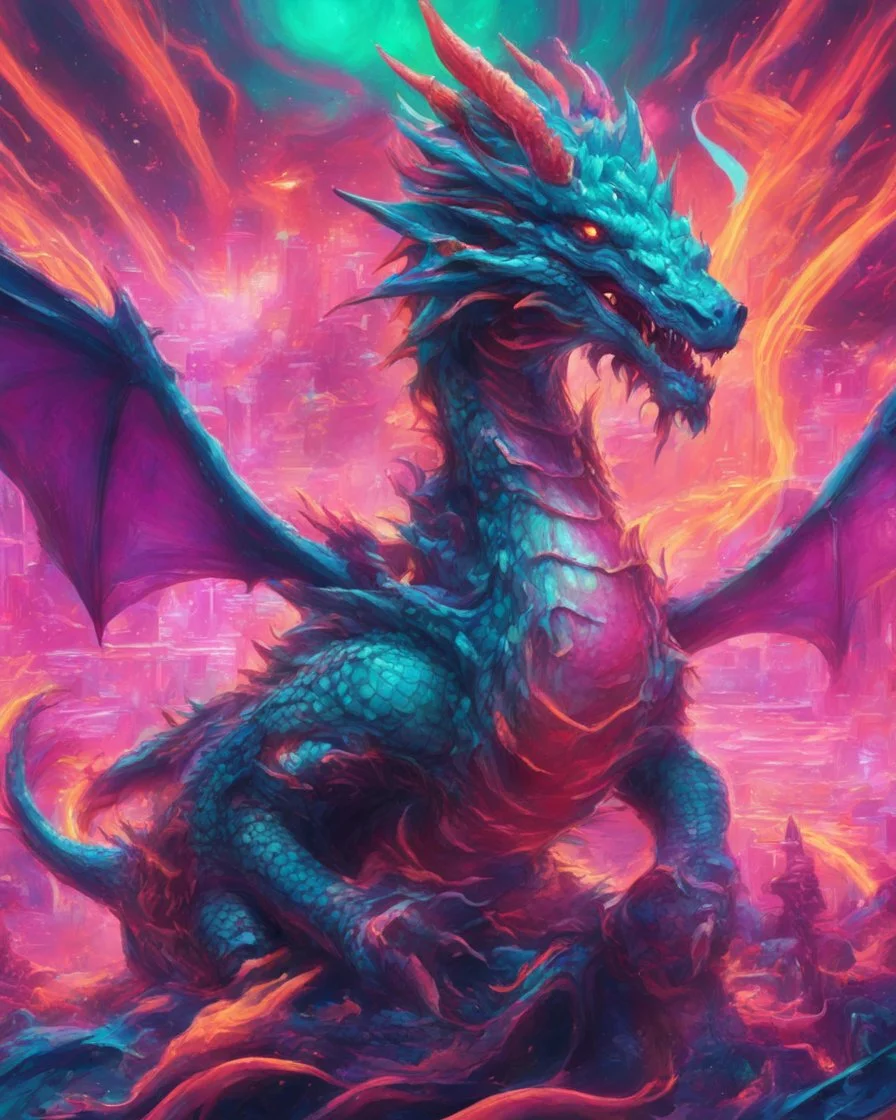 Close up shot, Dragon in a vibrant synthwave dreamscape, neon chaos swirling energetically around pixelated forms, a dynamic fusion of retro gaming nostalgia and futuristic abstraction