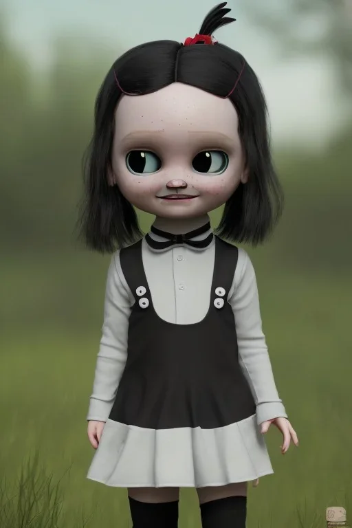 Wednesday Addams toddler, full body, jump, bokeh, hyper realistic