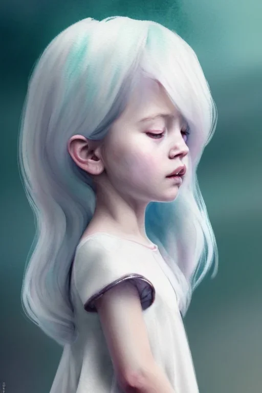 a little girl, side profile, closed eyes, white hair, pastell, watercolor painting, white dress, paper texture, in the style of Camilla d'Errico, hyper detailed, beautiful, complex, trending on artstation, cryengine, national geographic photo, chiaroscuro