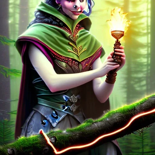 romantic fantasy spray painting, closeup of cute smiling dark bulgarian robed elven princess bride ,sitting on a branch, loosing torch in magical forest by waterfall