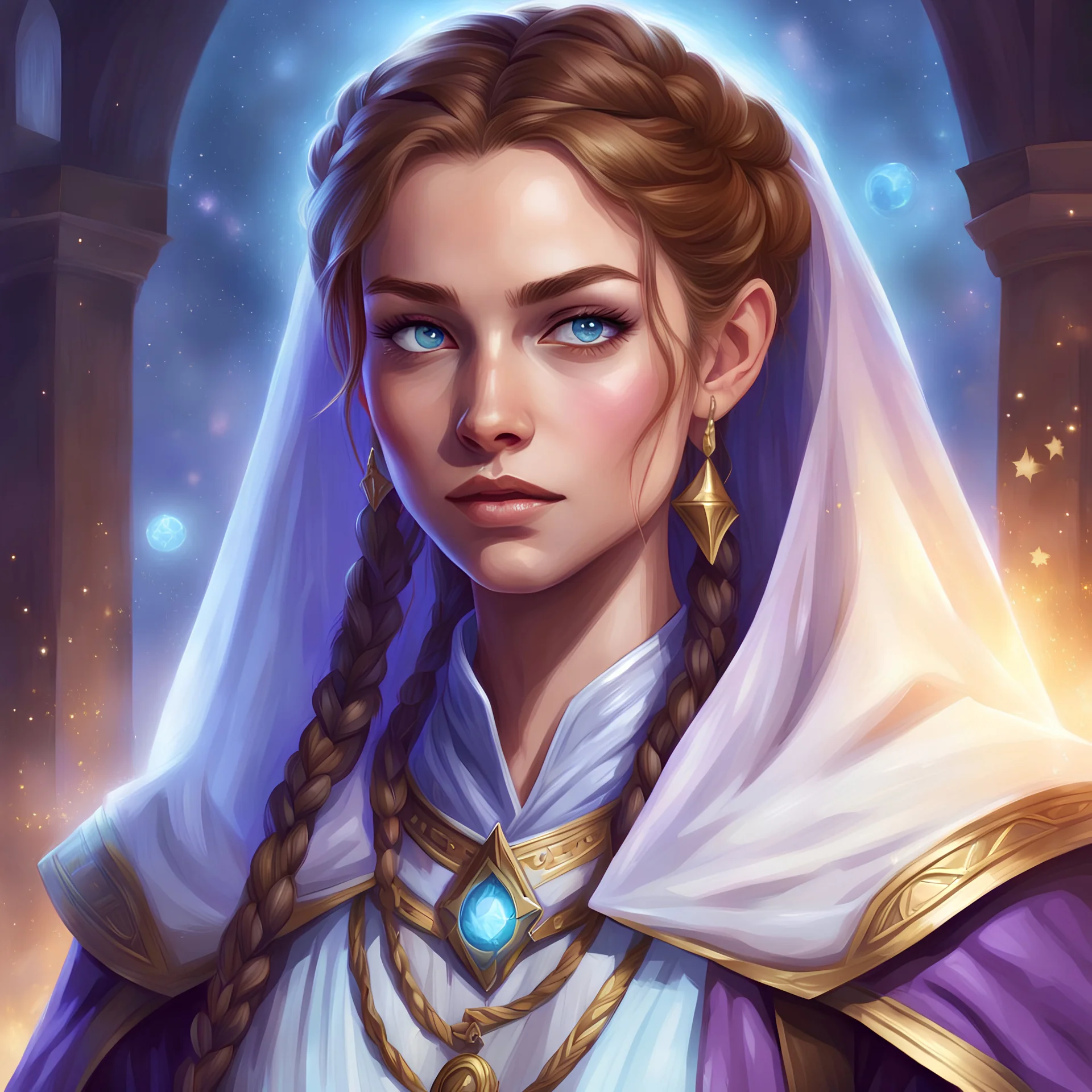 dungeons & dragons; digital art; portrait; female; cleric; violet eyes; light brown hair; young woman; flowing robes; long veil; braided bun; soft clothes; light blue and purple robes; mystra; cleric of mystra; magic; priestess of magic; stars; cleric magic; young; pretty; absolute; teenager