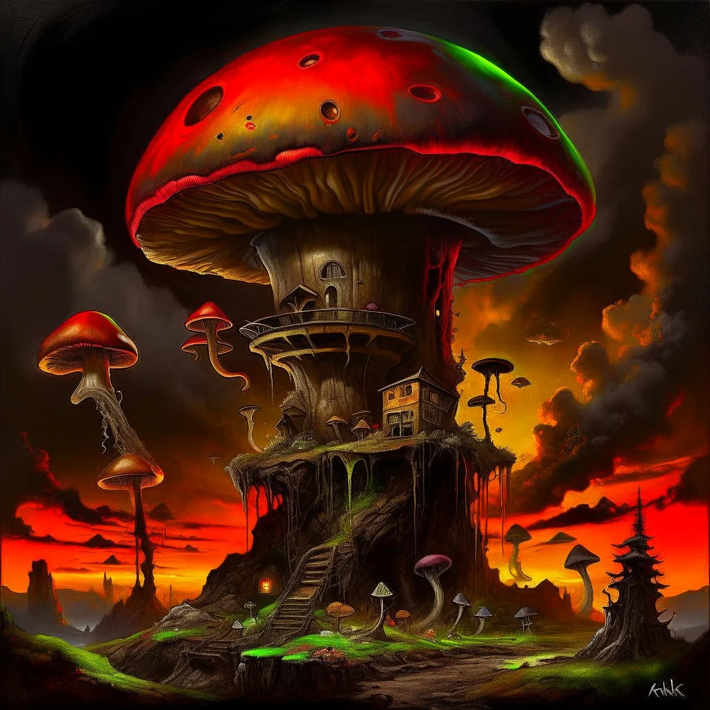 A fantabulous black, orange, and green (((mushroom tower house))) erected atop a (geologic pillar), surrounded by the uncanny imaginative ((( swirling skies))), offset by the stark hues of a (neon-tinged nebulous space scape), within. captured by the hand a skilled master painter with a focus on (softly blurred compositions and voluminous lighting).