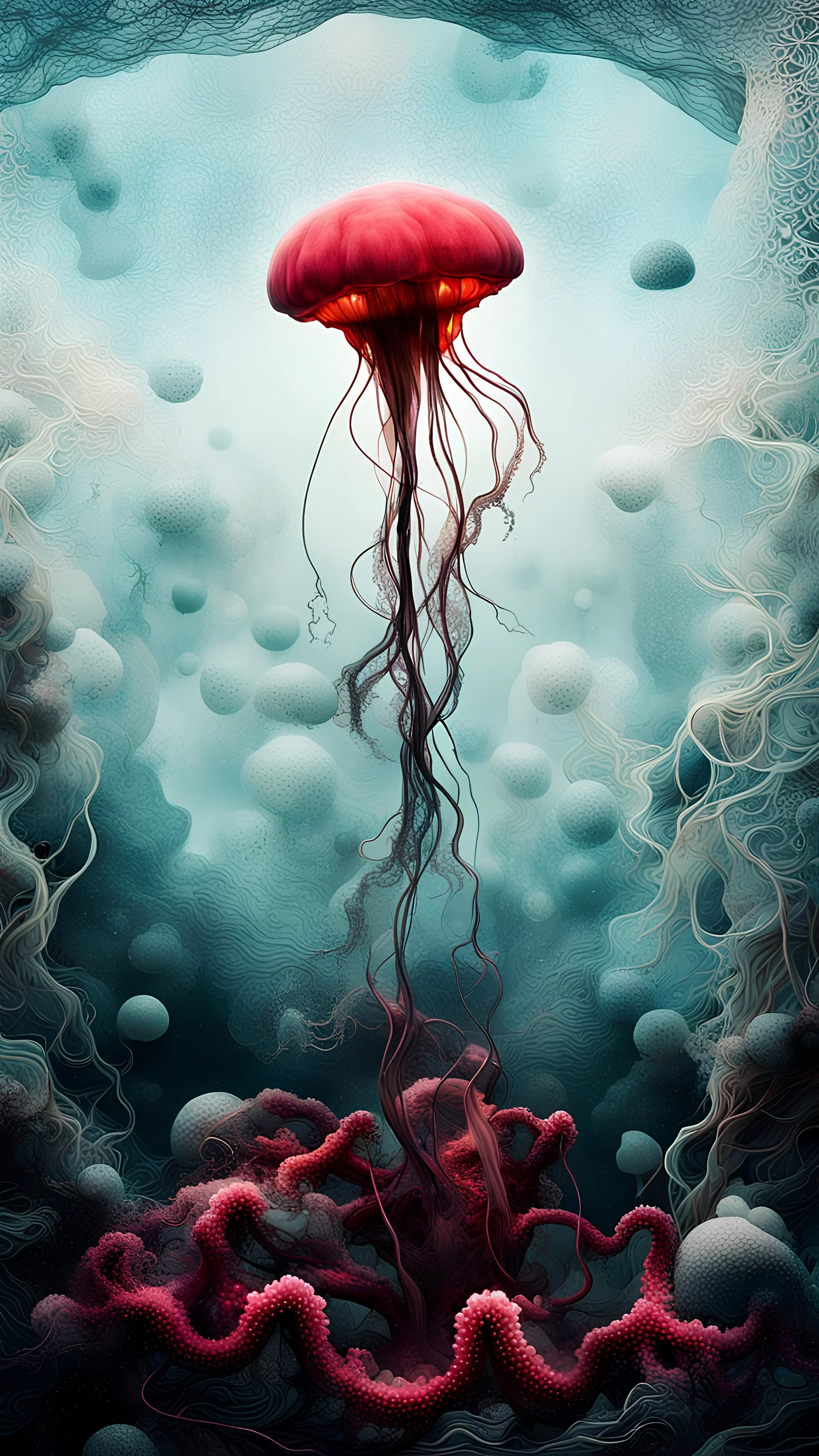 photo RAW, (Black and pink : Portrait of a ghostly jellyfish, shiny aura, highly detailed, gold filigree, intricate motifs, organic tracery, by Android jones, Januz Miralles, Hikari Shimoda, glowing stardust by W. Zelmer, perfect composition, smooth, sharp focus, sparkling particles, lively coral reef background Realistic, realism, hd, 35mm photograph, 8k), masterpiece, award winning photography, natural light, perfect composition, high detail, hyper realistic, artful, digital art trending