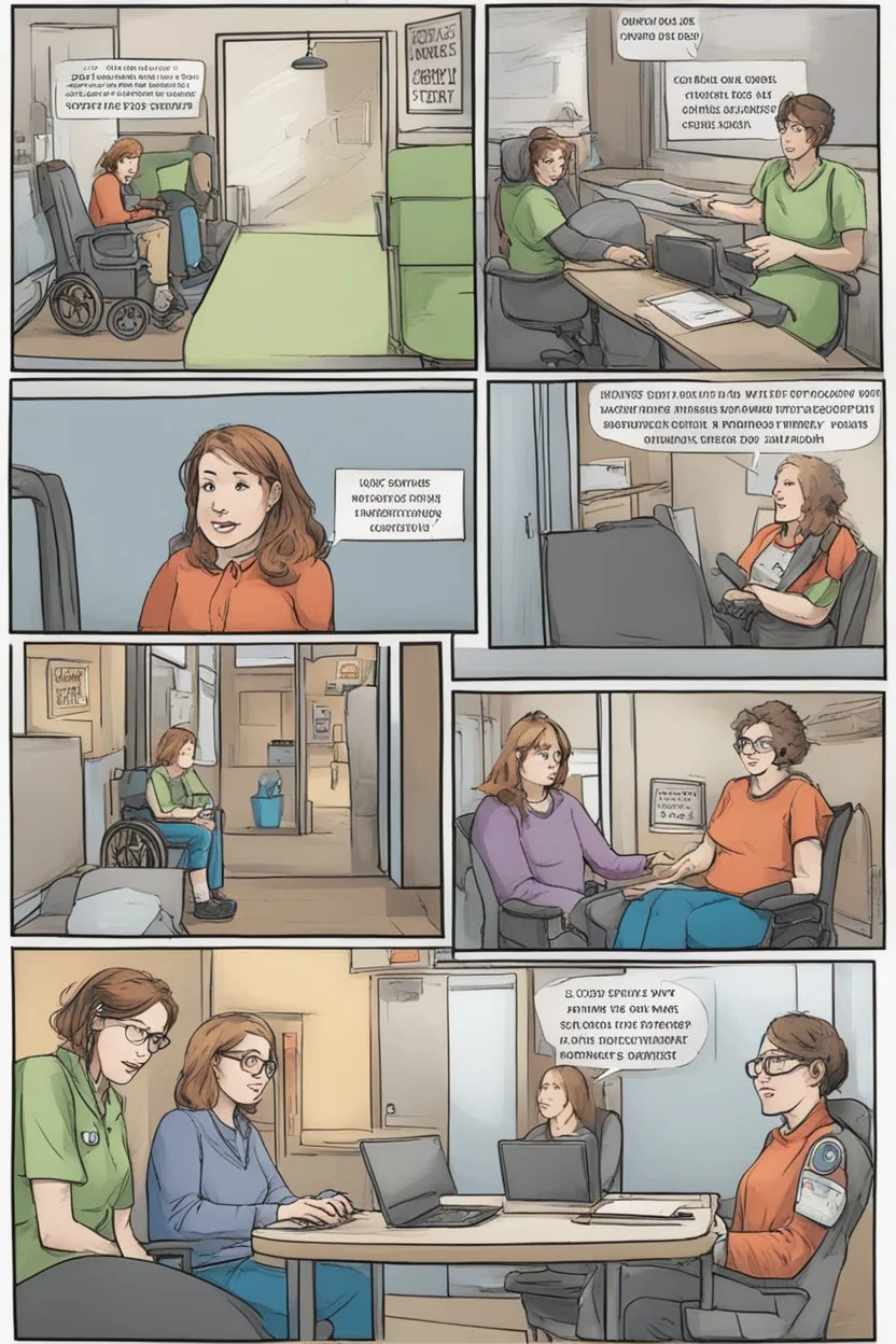 **Content Art:** Develop a comic strip series featuring women and disabled individuals navigating various scenarios safely and confidently. The series could address common safety concerns and provide tips on how to avoid scams during placements or interviews. **Appearance:** content art ideas that encapsulate the themes; "importance of First Aid training, safety and protection of women and individuals with disabilities or special challenges, and awareness against placement / interview scams, wor