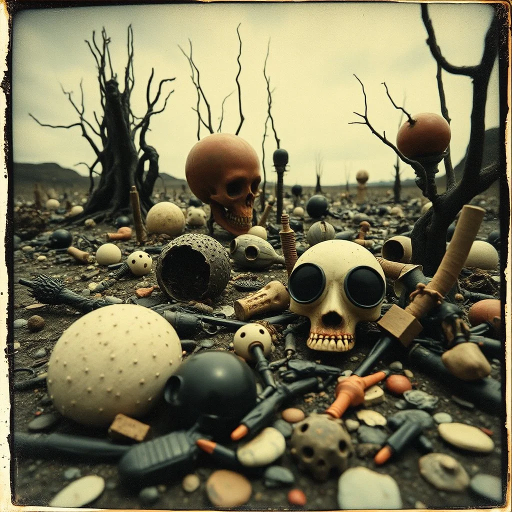 Photography polaroid close-up of a wasteland landscape with many objects in Yves Tanguy incomprehensible style, Surrealism, glossy, organic, creepy, strong texture, fiotti di liquido nero, horror, panic, obsessive, hypnotic