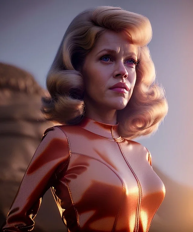 Ultra Realistic retro sci-fi movie, ovni flying scene, 1960 year, waist up view portrait, a super giant blonde woman, sweet teenager Jane Fonda face, perfect iris, glow eyes, face makeup, tight latex coat, many people, Retro sci-fi style, soft color, highly detailed, unreal engine 5, ray tracing, RTX, lumen lighting, ultra detail, volumetric lighting, 3d, finely drawn, high definition, high resolution.