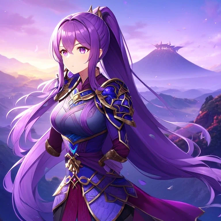 girl, masterpiece, best quality, cinematic lighting, detailed outfit, perfect eyes, purple hair, purple eyes, long hair, ponytail, landscape, in a fantasy world with armor-plated clothes, with a mystical background, glowing effects, with intricate patterns,