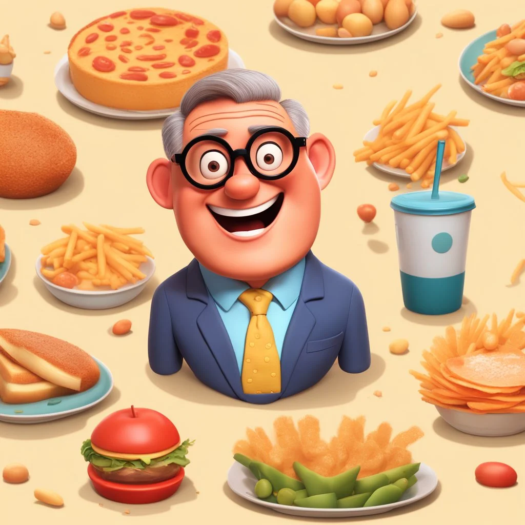 Disney pixar 3D style tan skin middle aged man with crew cut hair wearing thin round glasses and suit in food background smiling