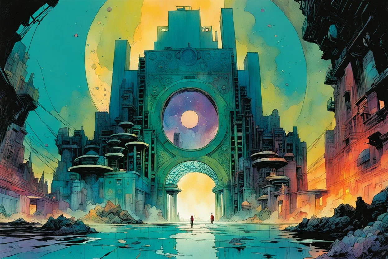 create a wildly abstract and chaotic illustration of an inter-dimensional portal to the highly detailed lost city of Atlantis, utilizing asymmetric structural forms, in the comic book art style of Bill Sienkiewicz, Mike Mignola, and Jean Giraud Moebius, finely textured, drawn, colored, and inked