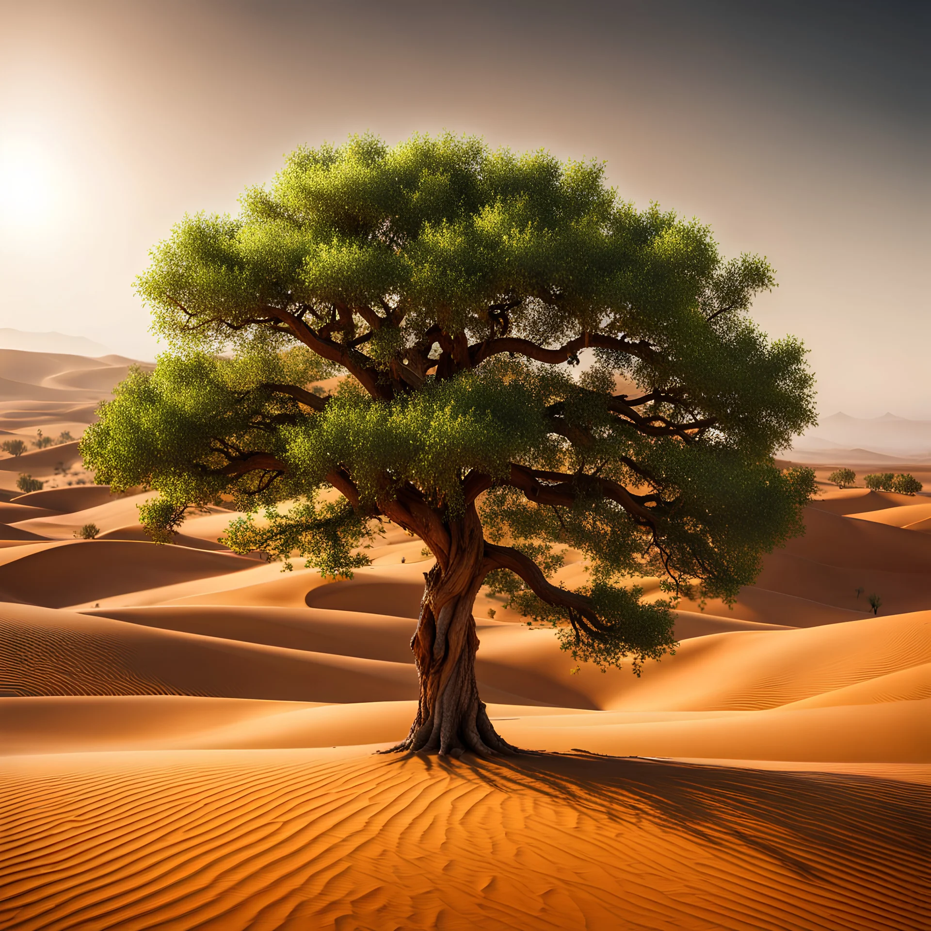 Un árbol frondoso en medio de un desierto, calidad ultra