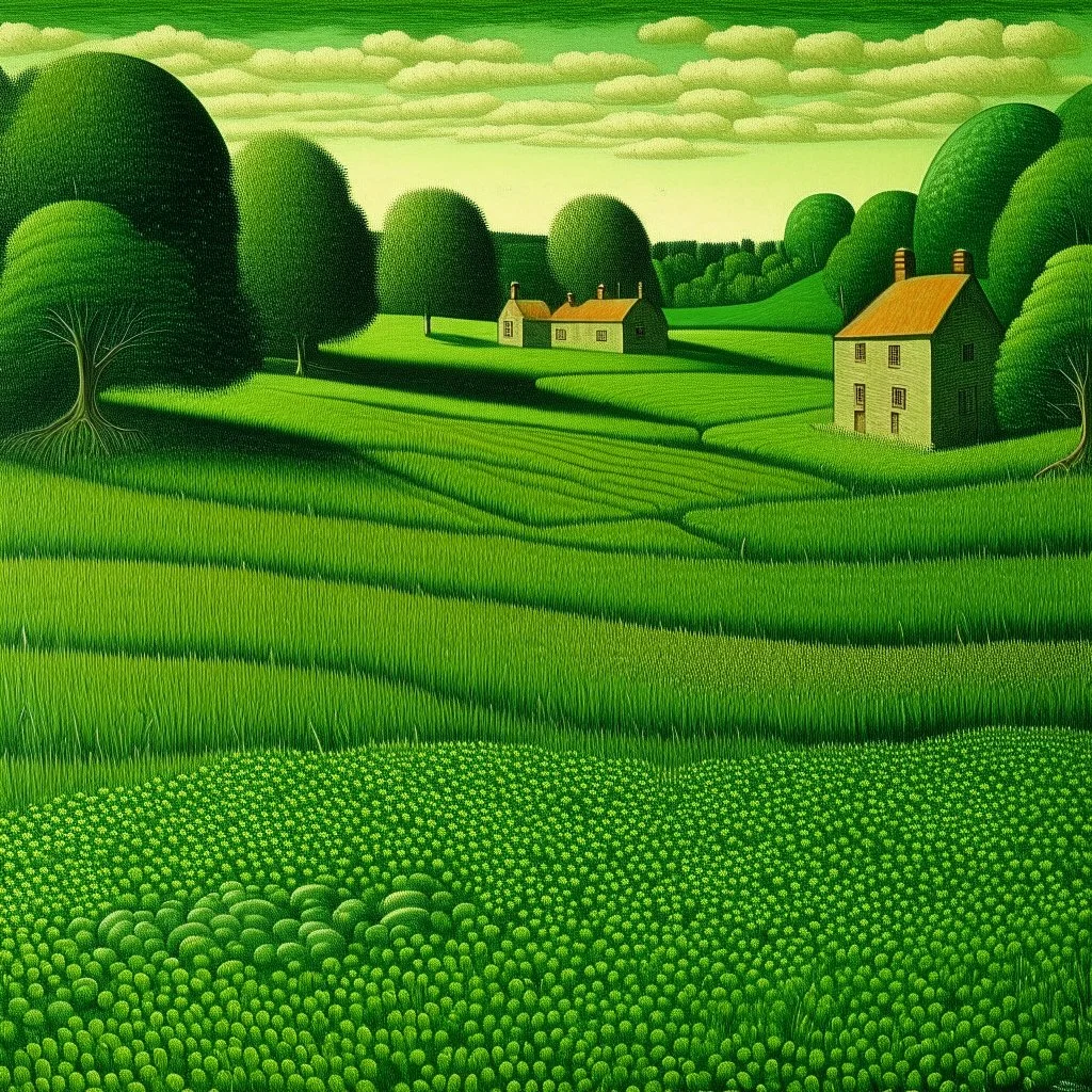 A green meadow with moles painted by Grant Wood
