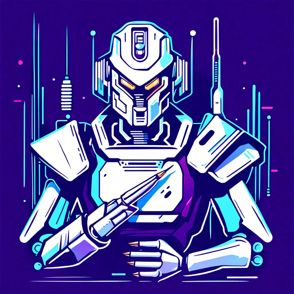 flat vector logo of a cyberpunk robot holding a quill, minimal graphic, by Sagi Haviv