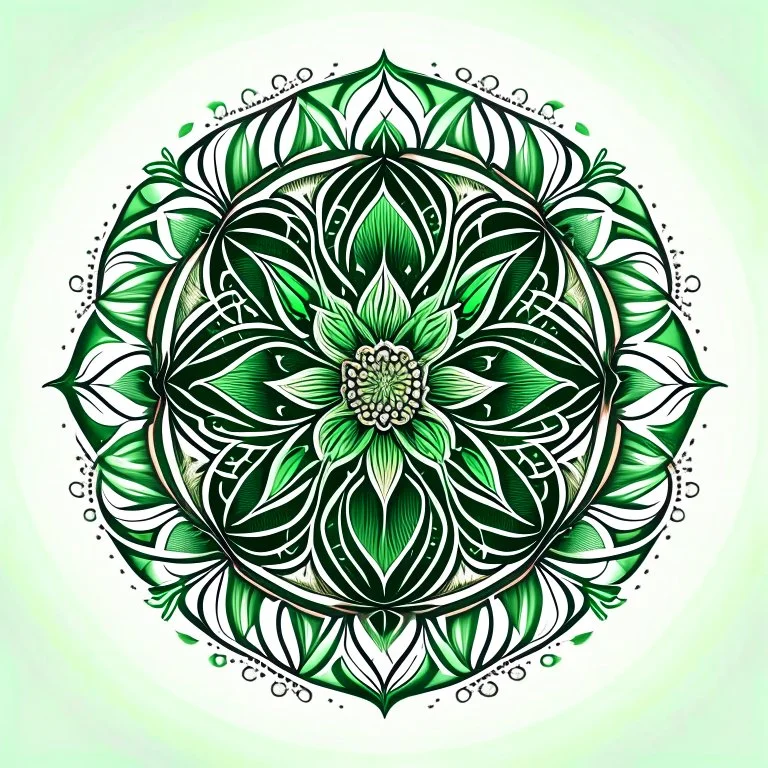 logo in a style of Mandala. Round. The logo depicts a mystical botanical motive. Thin lines. Ornament. Green