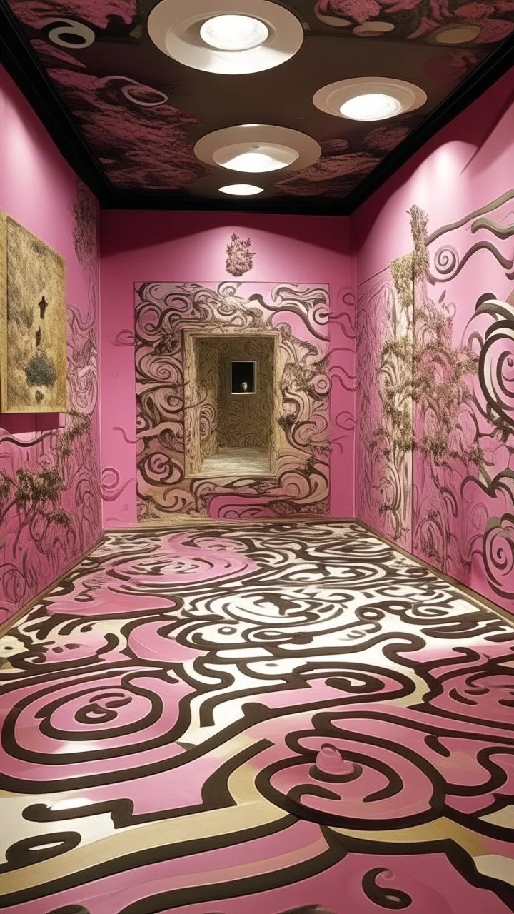 A pinkish lavender magical maze filled with puzzles painted by Salvador Dali