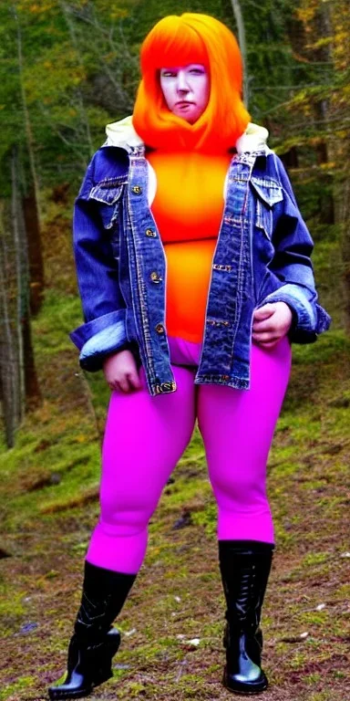 Bright-color-haired woman.fit,slim but thick thighs,thick calves,flat belly,curvy fell, thin. Mantle is sewed of upcycled Denim and sewed together of camouflage pieces. Pieces' color are orange, cream and purple. Cream latex gaiters.It is with big bright purple felt tippet and cream-colored-hood. mantle has a hood. Big AKG-style headphones (gold rings!) is merged with small felt cap with small visor. Style: Haute Couture in 1920's, N.Y.C fashion in 1996, inspired by street art.