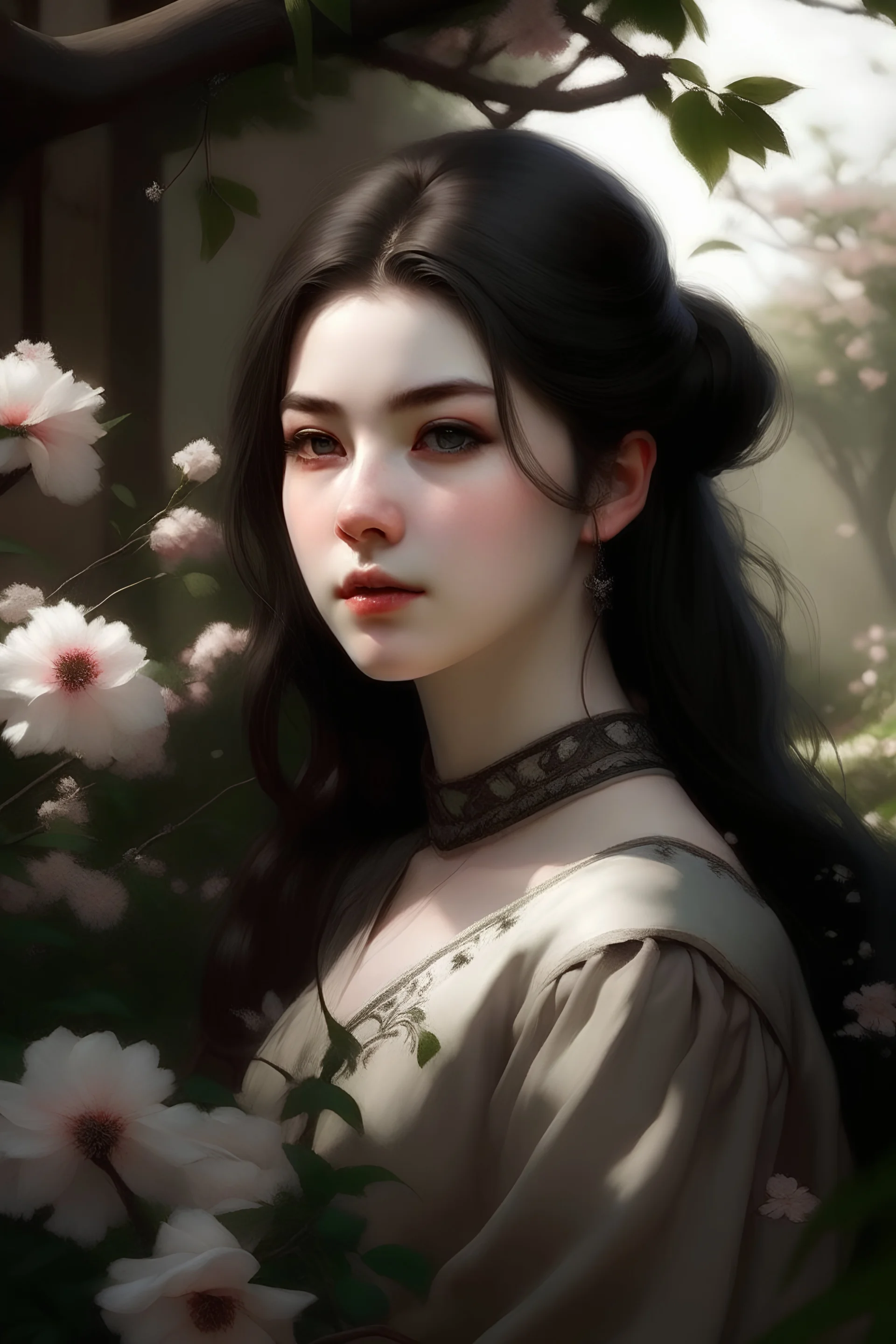 Beautiful Girl in the garden, 18 century, brunette, literally dark hair, dark eyes, fat, smell of sakura, rest, detailed face, england