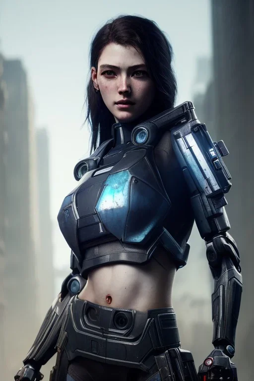 portrait,beautiful gun girl robot, post-apocalyptic in a cyberpunk city, realistic, intriacte detail, sci-fi fantasy style, volumetric lighting, particales,highly detailed,cinamatic, deep