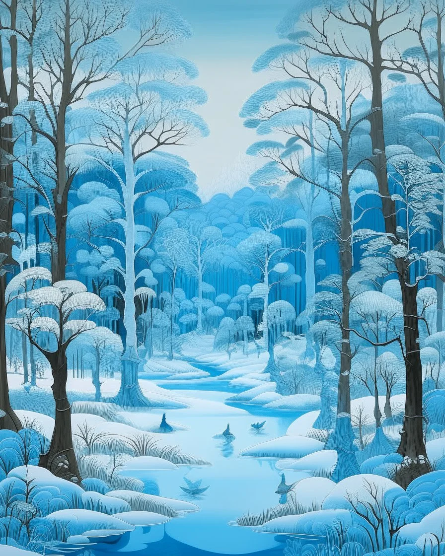A sky blue winter forest with a frozen lake designed in African masks painted by Hashimoto Gaho
