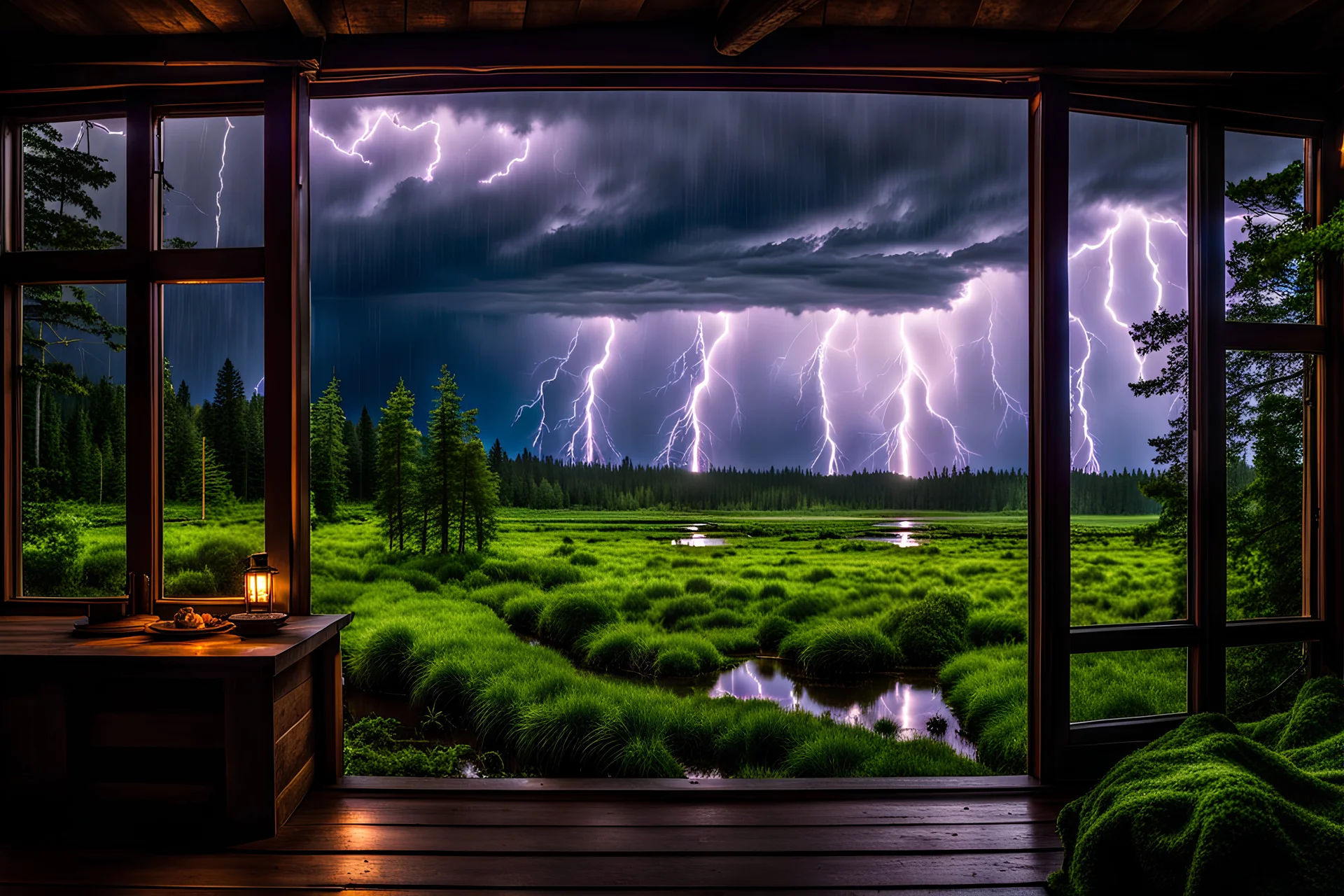 Thunderstorm with lightning, rain, view of mossy swamp from inside cozy cabin.