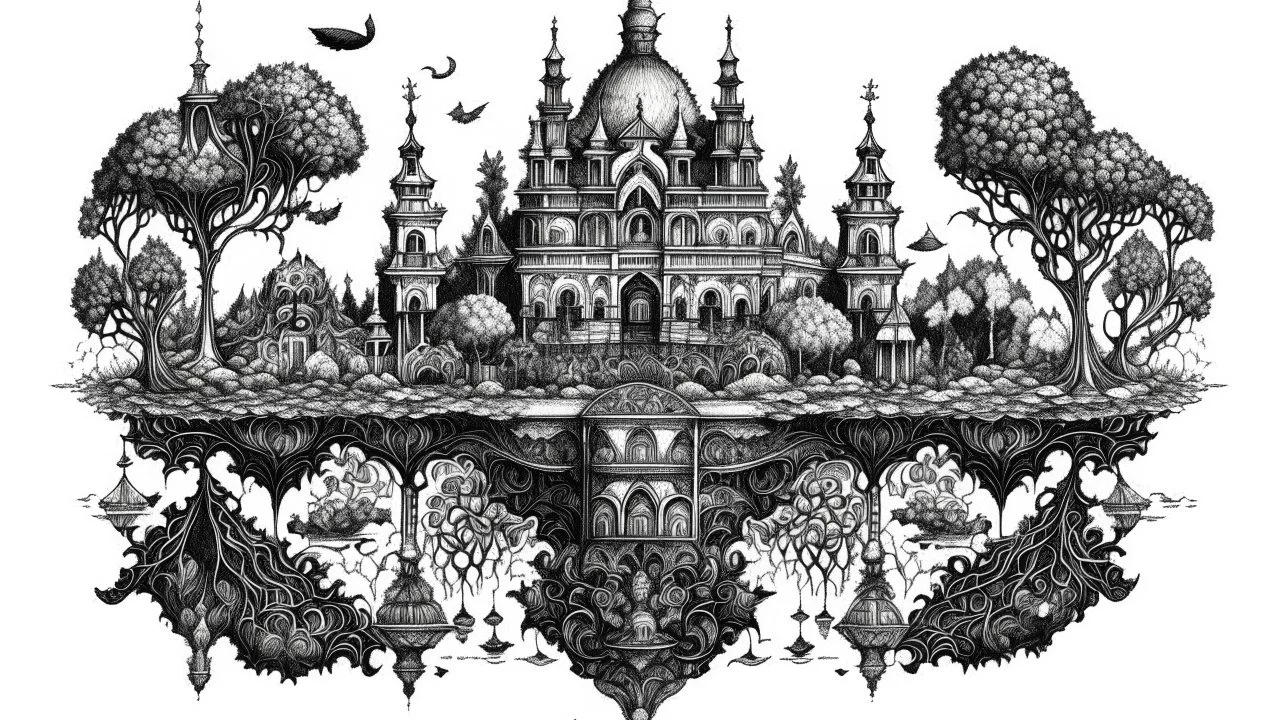 pen and ink drawing, relaxation, luxury, dream world, calm beauty, symmetry, fantasy world, magic, beautiful composition, exquisite detail