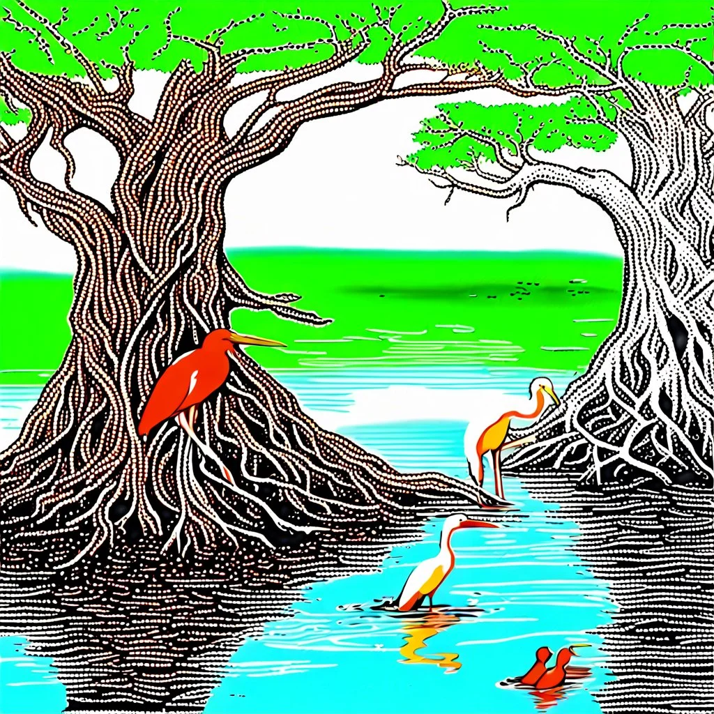 Watched a show about the Everglades, and found this fascinating. Birds exist on the top of tree, and fish in the roots. Bing prompt: a beautiful mangrove tree , with the root system under water in the Everglades, with fish and creatures living in the twisted roots, the image shows the bottom in water and the top has a red duckbill bird and a white heron living in the top of tree.