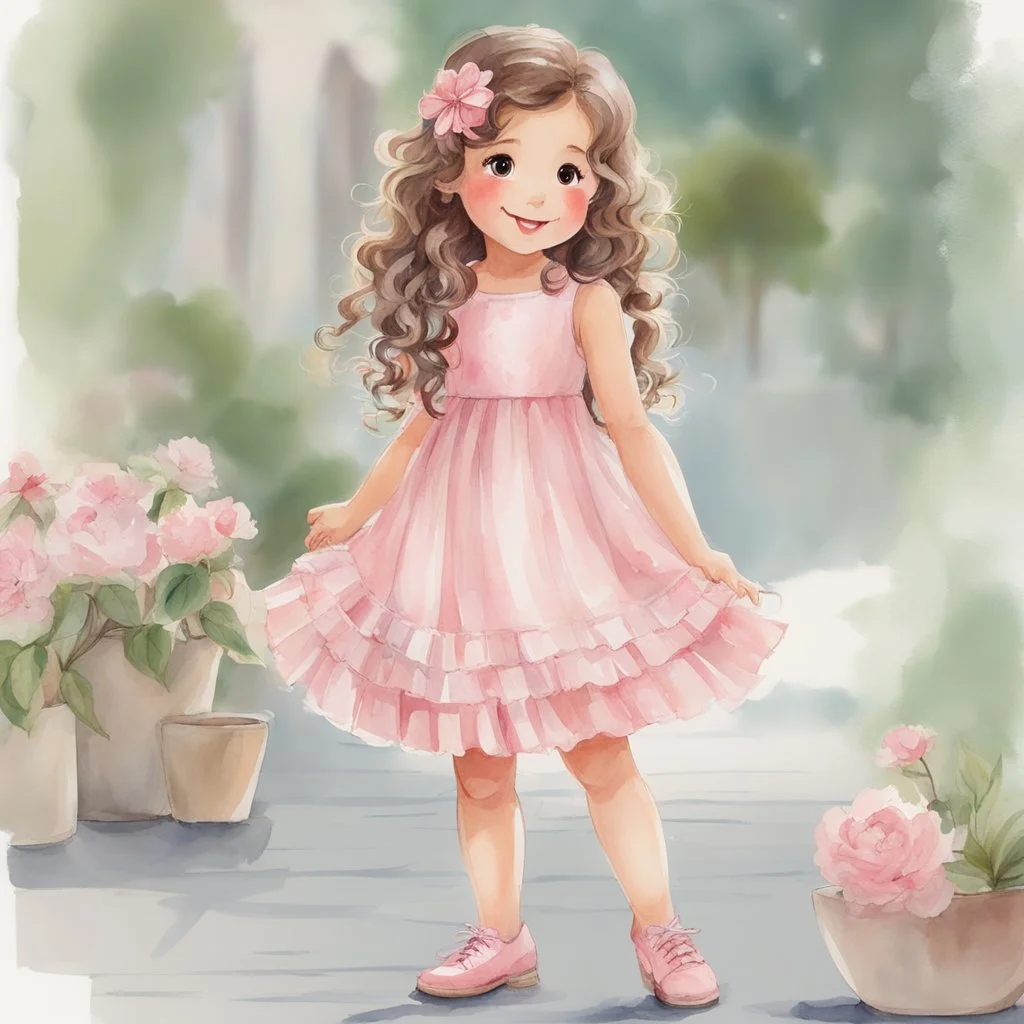 watercolor, full body, different poses, cute smile girl, curly hair, big eyes, long brown hair, pink dress, pink shoes, white backgrownd