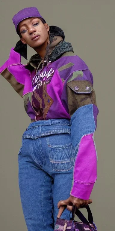 Model, woman. sérigraphie on denim with purple, lilac, green, khaki and crimson, red colors. Camouflage patterns are screen printed on denim. Woman in her 30's. thick thighs, thick calves, flat belly, wide hip. Mantle made of recycled Denim by sewing. Big bright purple and blue felt pieces makes mantle, which is merged with satchel. purple tippet, cream-color inside the hood. AKG headphones is merged with small felt cap with small visor. Haute Couture, 1990's