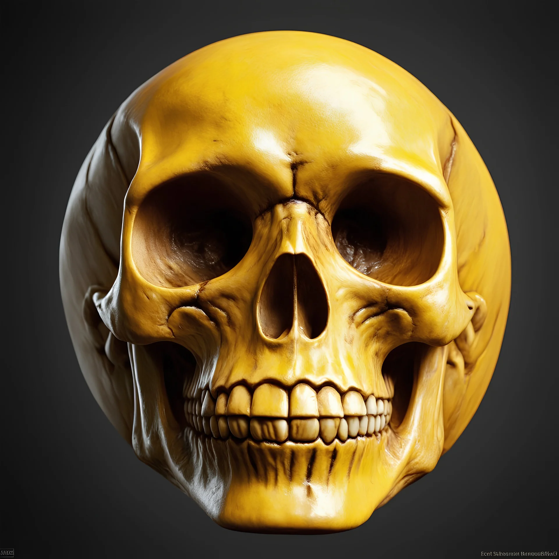 ANATOMICALLY CORRECT digital photograph of the SKULL OF A freshly skinned SMILEY FACE with fine line, highly detailed, high resolution, horrorcore, photorealisitc, awardwinning, action shot, matte, studio lighting, magazine cover, the skull is yellow, and the eyesockets are darker and more of a oval shape