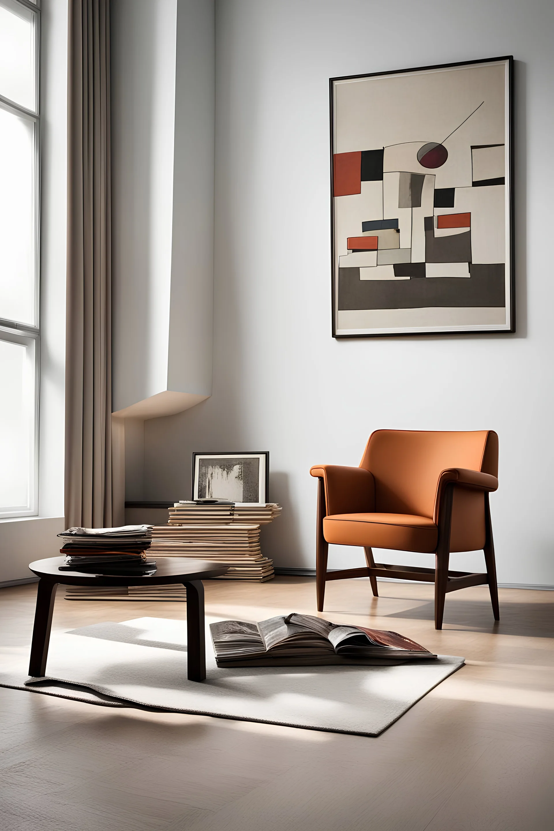 Describe a room in the Bauhaus style featuring a lone armchair, a chair, and an assortment of magazines and paintings. Emphasize the key elements of Bauhaus design, highlighting simplicity, functionality, and the seamless integration of art and furniture.realistic photo