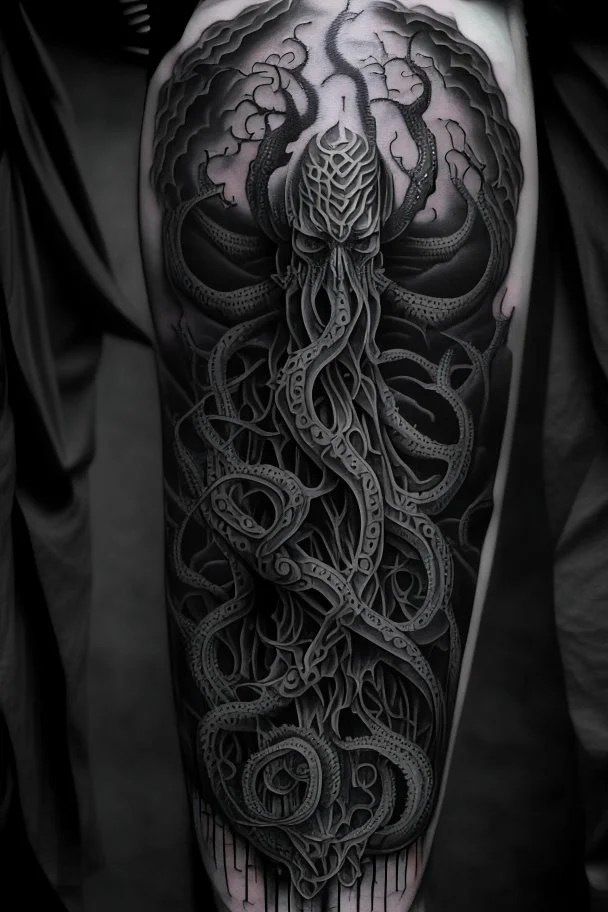 An awe-inspiring vertical tattoo artwork design that pays homage to the cosmic horror of Cthulhu. The black and grey color scheme sets the mood for this realistic tattoo, emphasizing the intricacy of the design. The tattoo showcases Cthulhu in a dynamic pose, with its tentacles gracefully intertwined. The attention to detail in the shading and textures brings a sense of depth and realism to the artwork. The vertical composition allows for a striking placement on the body, accentuating the organi