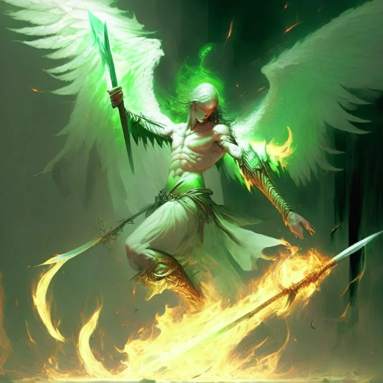 angel caido de piel verde palido empuñando una lanza en llamas